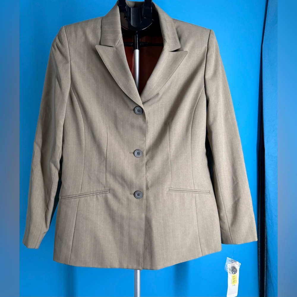 Le Suit Classic Pinstripe Taupe Lined Blazer Jacket Church Business Work NWT